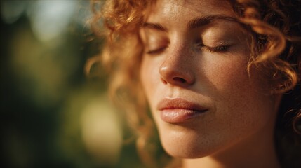 Serene woman practicing mindfulness outdoors nature setting portrait calm environment close-up inner peace