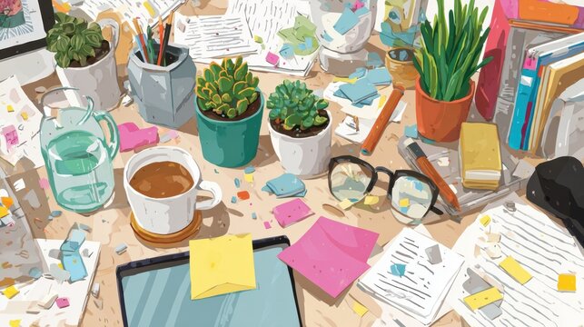 Creative workspace chaos home office desk digital illustration indoor environment overhead view organization tips