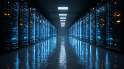 Fototapeta premium A futuristic server corridor with glowing blue lights reflecting on the metallic floor.