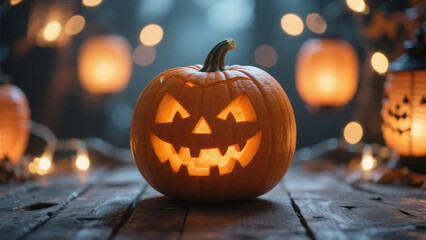 Fototapeta premium A warm Halloween scene featuring a single, intricately carved jack-o'-lantern with a glowing orange light inside, casting a cozy ambiance. Halloween Costumes, Halloween Background, Happy Halloween