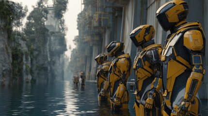 Advanced exoskeletons stand by a river, potentially planning an upgrade to a century old dam, showcasing a blend of futuristic technology and industrial ambition