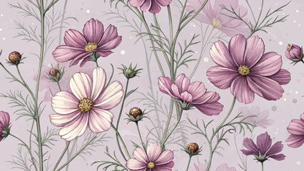 High detailed seamless floral illustration of Cosmos flowers on pastel purple background. Designed for printing on fabric or wallpaper.