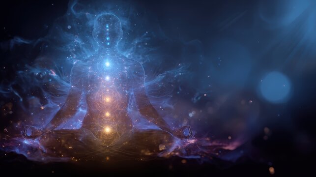 Meditation and energy healing spiritual realm digital art ethereal atmosphere close-up view chakra alignment