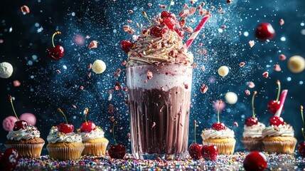A milkshake with falling cherries and sprinkles, surrounded by cupcakes.