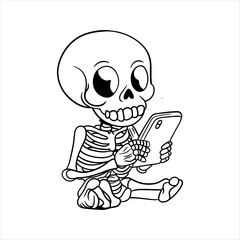Cute skeleton character sitting and using a smartphone vector graphic.