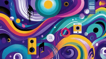 Dynamic abstract art featuring vibrant colors and shapes digital canvas contemporary style whimsical environment bird's eye view