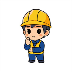 Pondering chibi construction worker cartoon with a worried expression