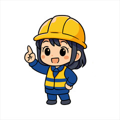 Cute cartoon girl engineer character in hard hat pointing upward