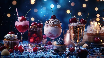 Festive dessert display with cherries and cupcakes.