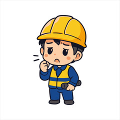 A tired construction engineer mascot character feeling unwell.
