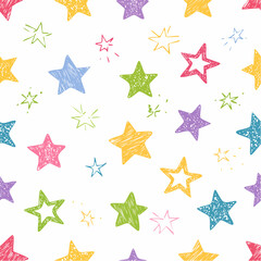 Colorful colored seamless pattern with crayon drawn stars, sparks and sparkles. Hand drawn childish background