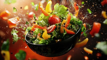Colorful vegetable salad tossed in the air.
