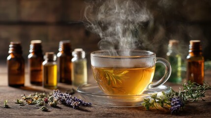 Aromatic herbal tea brewing process cozy kitchen food photography rustic setting close-up view wellness concept