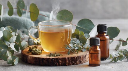 Herbal tea preparation with essential oils cozy kitchen still life tranquil environment close-up wellness concept