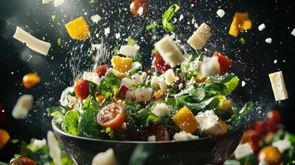Fresh salad ingredients are tossed in a bowl.