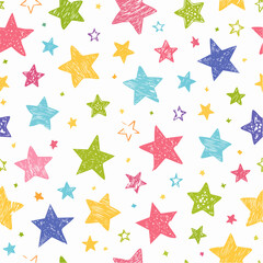 Colorful colored seamless pattern with crayon drawn stars, sparks and sparkles. Hand drawn childish background