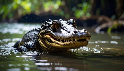 Fototapeta premium Close-up of a Caiman in the Amazon Rainforest River with Sharp Teeth