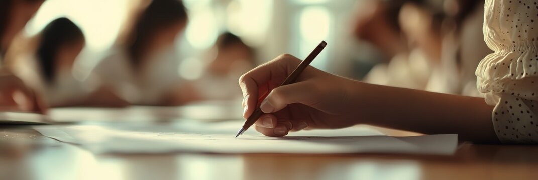 Close-up of a student writing on paper with a pen in a school room, with the focus on the hand holding the pencil and filling out an exam sheet or report card. The background is blurry, with other