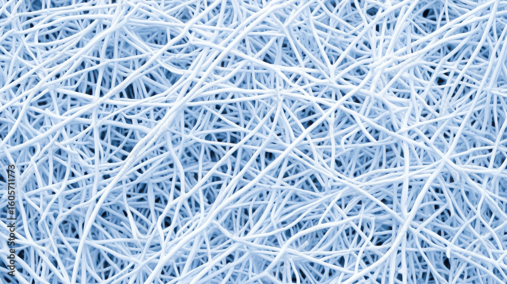 Poster abstract white tangled fibers creating a network or web pattern. microscopic view of synthetic mater