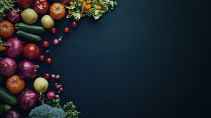 A colorful array of fresh vegetables arranged on a dark surface.