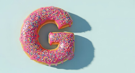 Pink glazed donut shaped like letter G