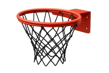 Basketball hoop rendering with black net, orange rim, standing against transparent background, highlighting professional sports design characteristics