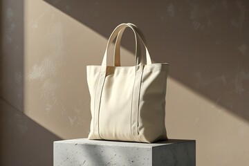 Cream canvas totebag with premium texture, styled on stone, wood, and navy backgrounds, product photography for minimalist lifestyle branding