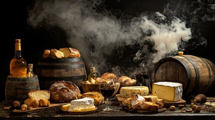 Aged cheeses, breads, and wine in a still life.