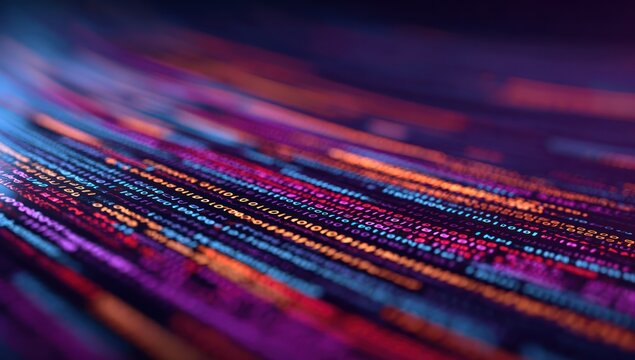 Colorful digital code stream displayed on a screen.