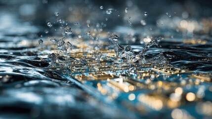 Dramatic water splashing onto quantum annealer chip, demonstrating immersion cooling technique for managing intense heat during high performance computing operation