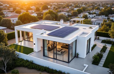 Diagonal solar panels on metal roof of modern home, eco architectural photography for residential green design branding
