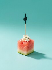 Watermelon cube with feta on cocktail pick, pastel teal background, appetizer photography for summer lifestyle branding