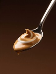 Espresso foam swirl on spoon against dark chocolate background, coffee detail photography for premium café branding