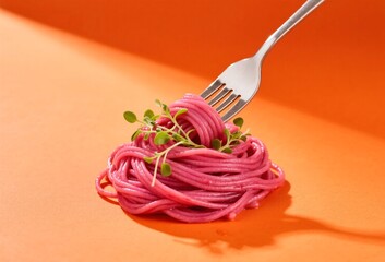 Beet linguine twisted on fork with microgreens, tangerine background, plant-based pasta photography for artistic food branding