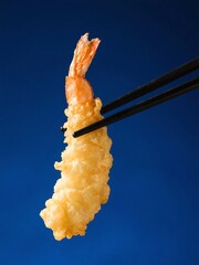 Shrimp tempura held mid-air by chopsticks, deep blue background, snack detail photography for modern Japanese food branding