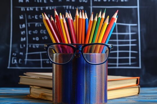 Colorful pencils in a pencil holder, glasses on top of books with a chalkboard background and math equations in the background. Stock photo contest winner.