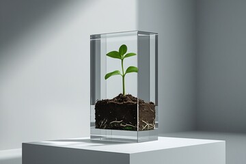 Acrylic block with suspended soil sprout, white pedestal, artistic gallery image for minimalist growth concept visuals