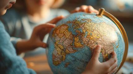 A close-up shot of a vintage globe being held and explored by two children's hands. The focus is on globe, highlighting the intricate map details, suggesting learning, discovery, global awareness.