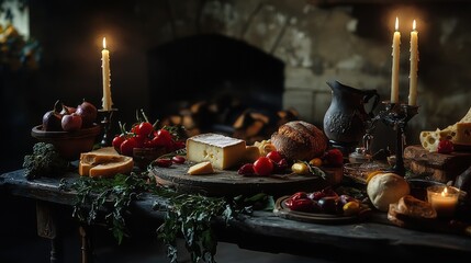 Rustic table laden with cheeses, bread, and seasonal vegetables.
