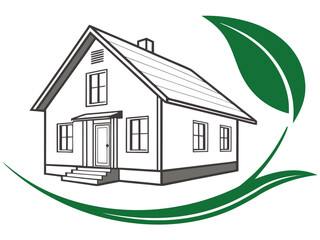 Illustration of a house with a chimney, windows, and a door, surrounded by green leaves.