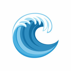 Stylized illustration of a curling ocean wave, depicted in shades of blue.