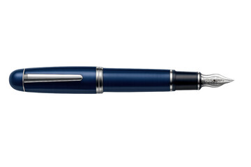 Studio shot of a stylish blue fountain pen, featuring silver accents, isolated on a transparent background, perfect for design projects related to writing, stationery, or luxury
