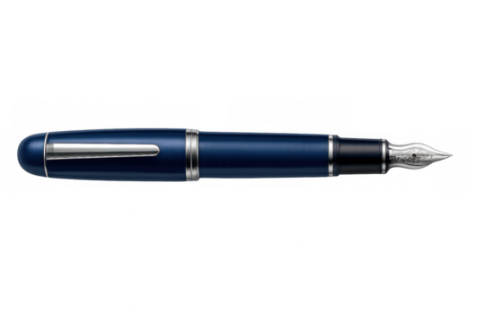 Studio shot of a stylish blue fountain pen, featuring silver accents, isolated on a transparent background, perfect for design projects related to writing, stationery, or luxury