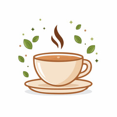 A steaming cup of tea rests on a saucer, encircled by leaves and sparkles, suggesting warmth and tranquility.