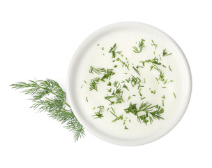Delicious yogurt in bowl and dill isolated on white, top view