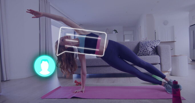 Holding side plank pose woman in sportswear on pink mat in living room, with digital overlay