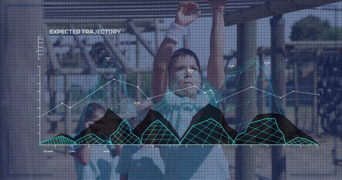 Hanging five children stretching arms on monkey bars at playground, with digital trajectory overlay - Powered by Adobe