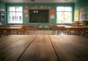 Empty wooden table top with a blurred school classroom background for product display montage, focusing on the foreground of the wood texture. The space is wide and long, suitable for holding