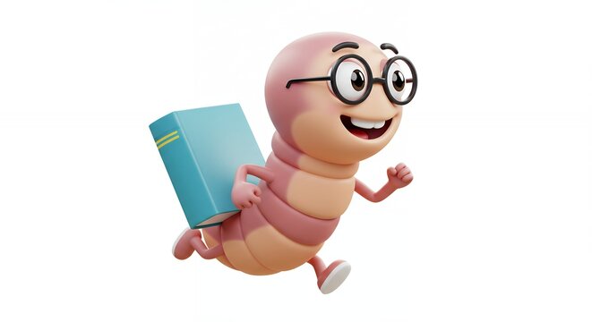 Cartoon worm carrying book running