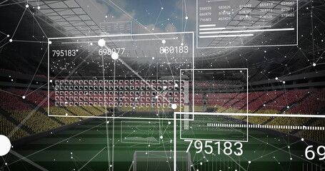 Displaying augmented reality data floating above pitch at soccer stadium, with goalposts and charts